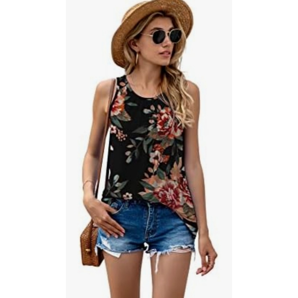 Pleated Front Floral Tank top Black Size M